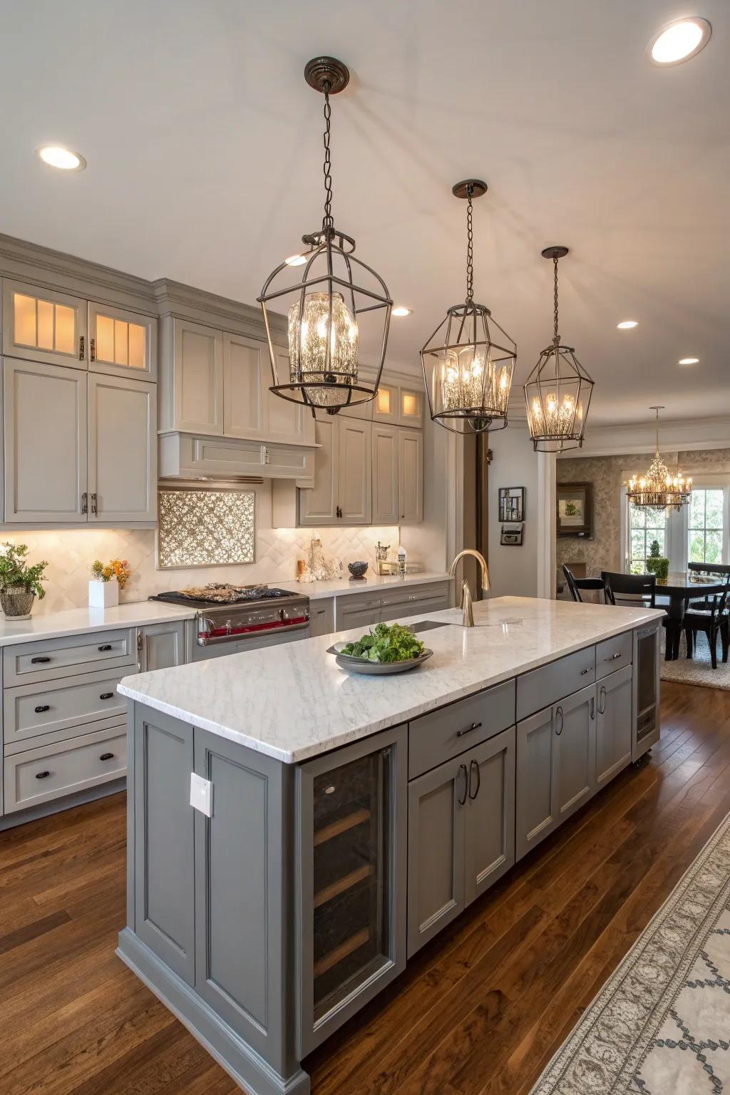 Bright lighting accentuates the refined design of gray cabinets.
