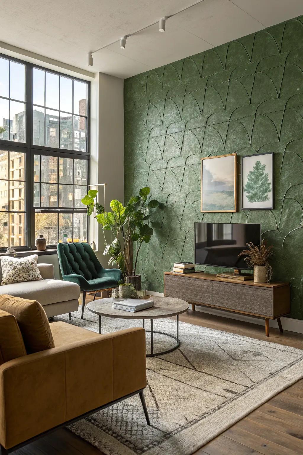 Textured green panels introduce depth and visual interest to this space.