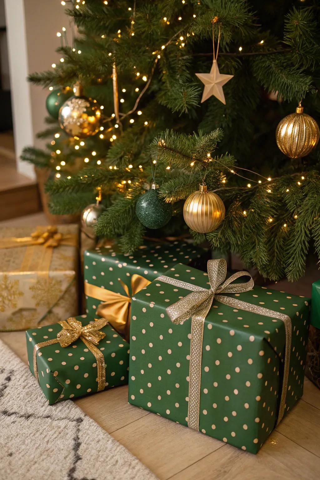 Green and gold wrapped gifts under the tree