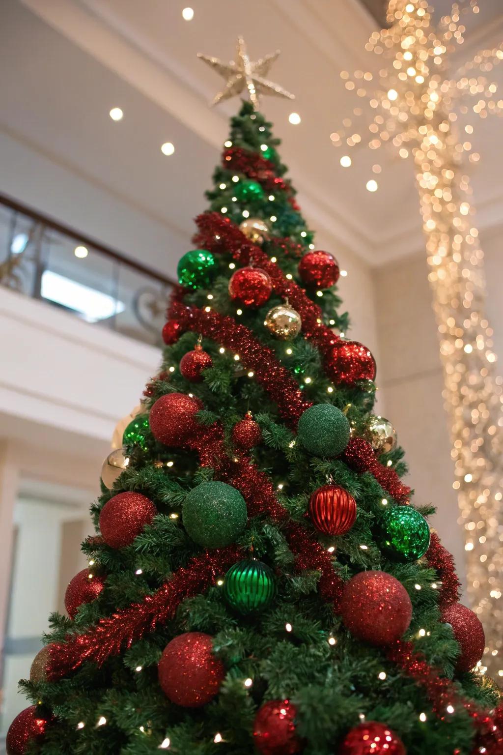 A glittering Christmas tree adorned with red and green sequin decorations.
