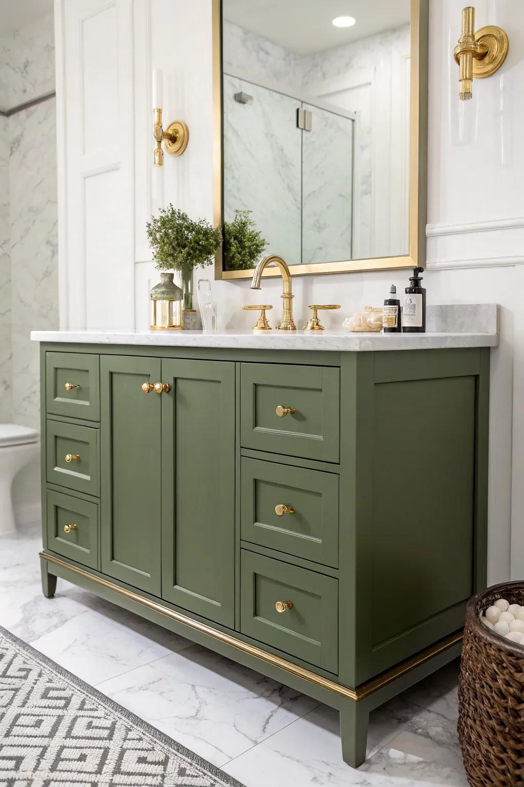 Olive green vanity adding a sophisticated touch to the bathroom.