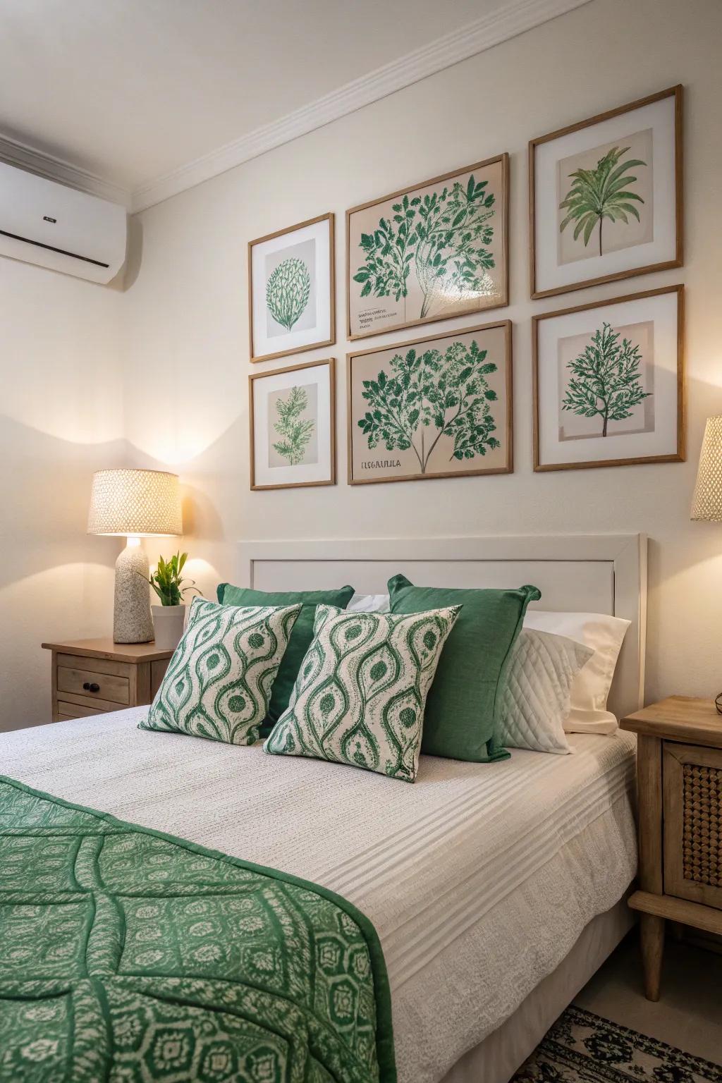 Green decoration pieces add vibrancy and life to the room.
