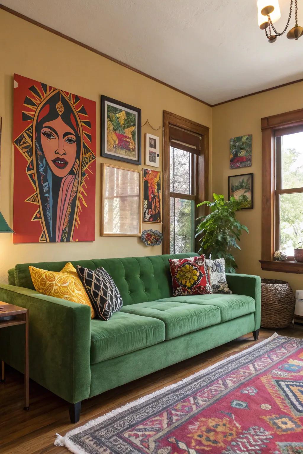 Impressive art harmonizes beautifully with a green sofa, making a striking impression.
