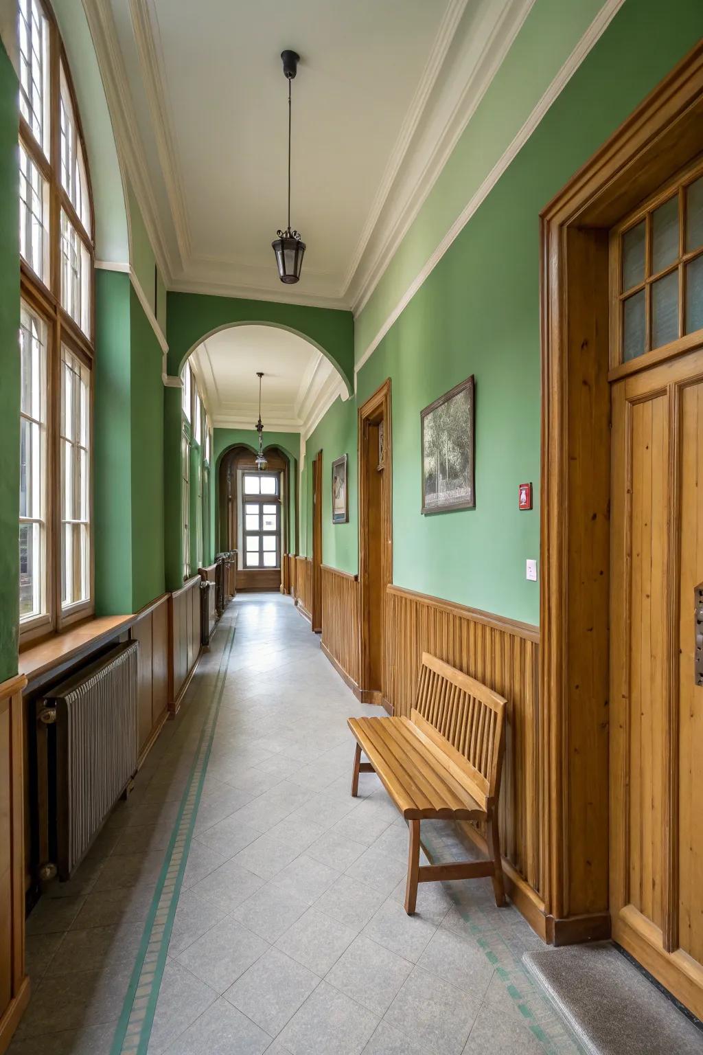 Organic timber accents provide warmth in this green hallway.
