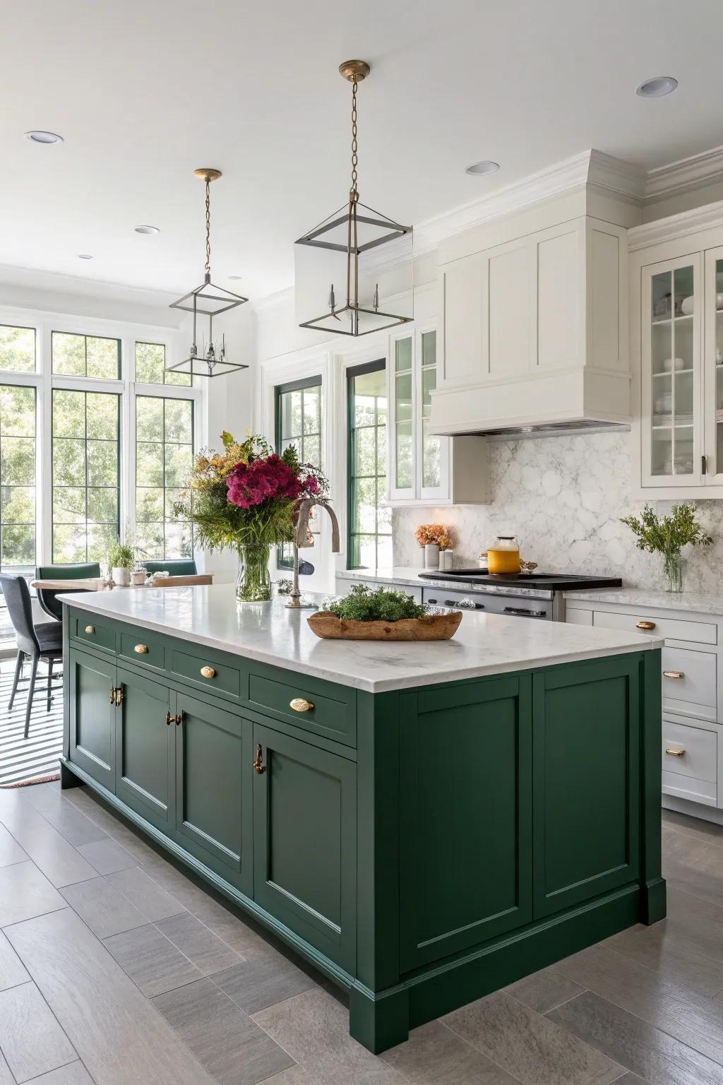 A green kitchen counter adds a stylish splash of color.