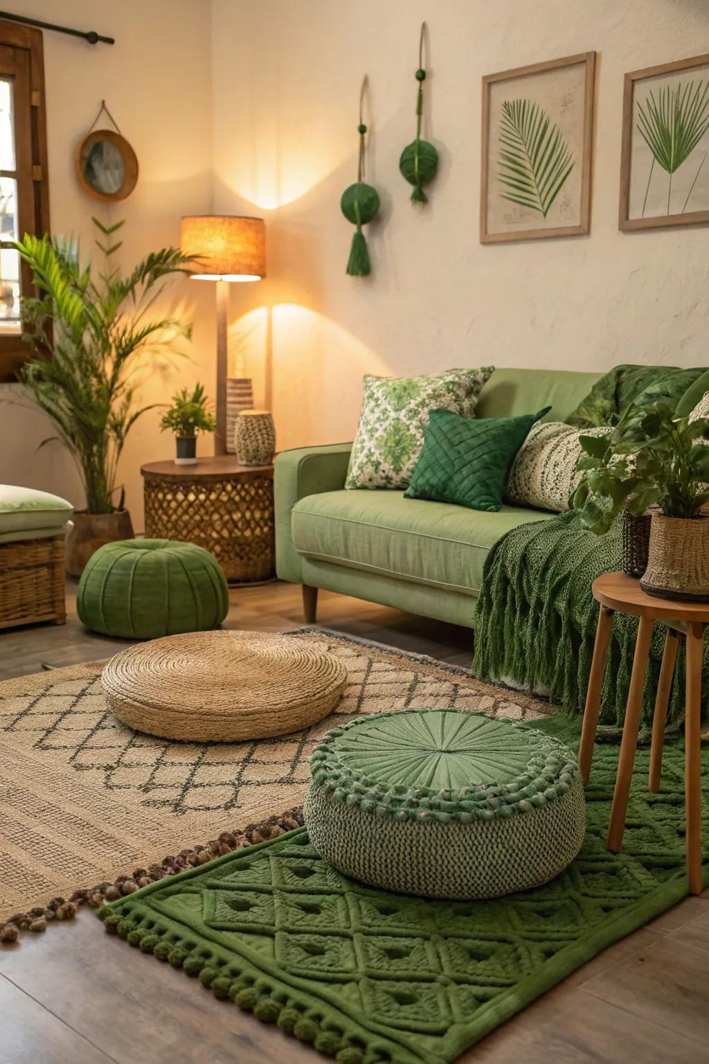 Textured elements enrich the atmosphere and comfort of this green lounge.