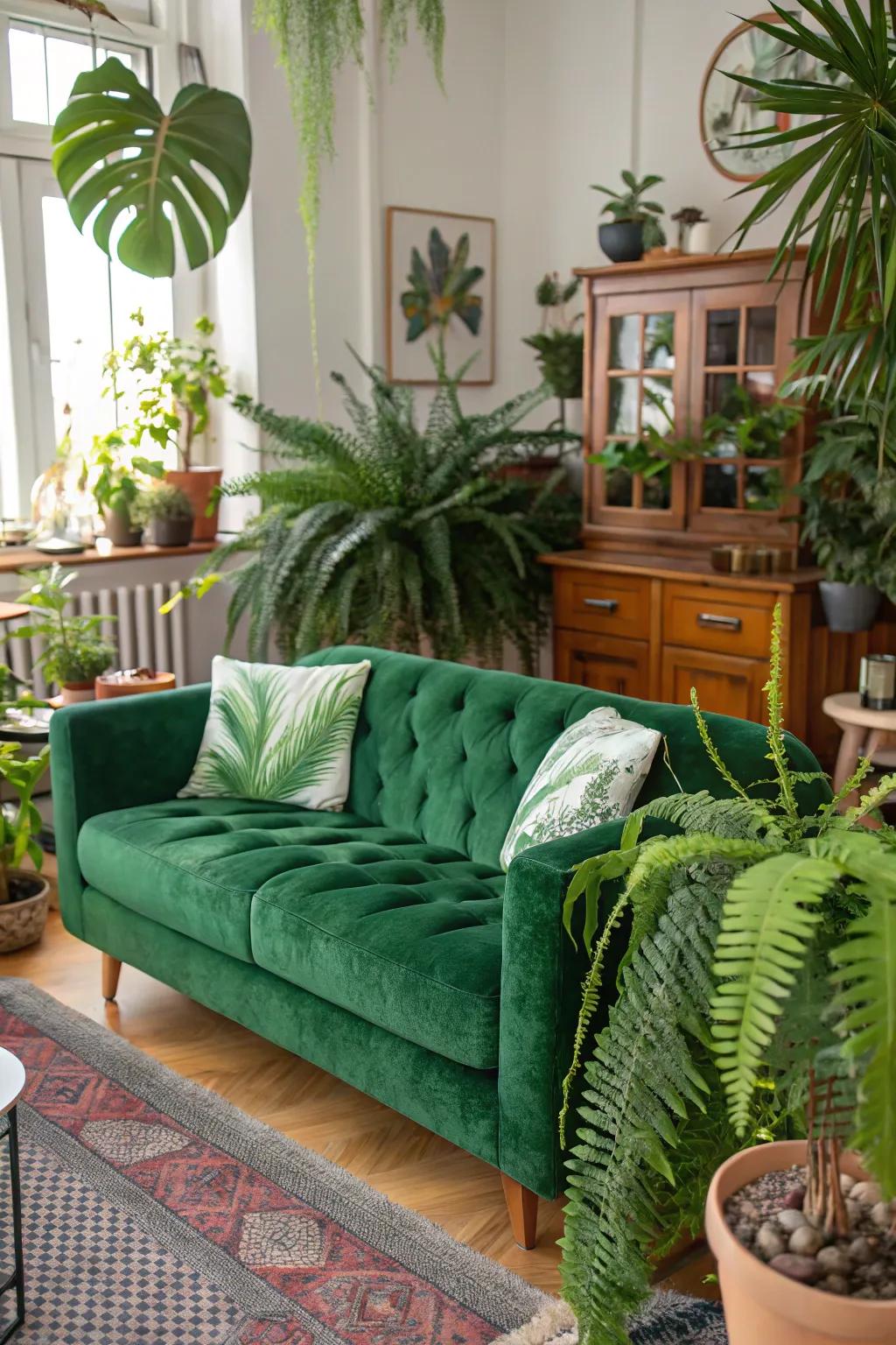 A vibrant living space featuring a green velvet sofa and lush indoor greenery.