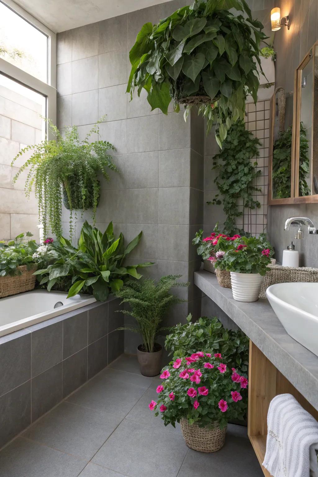 Abundant vegetation breathes life and energy into the shale bathroom.