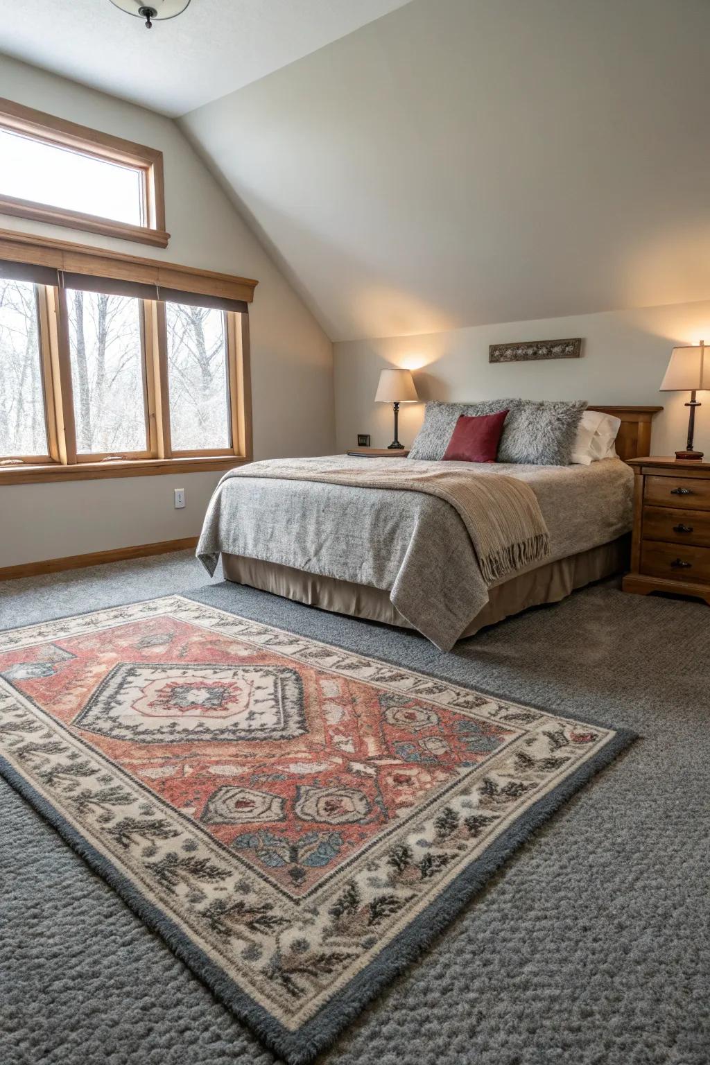 Subtle patterns enhance the visual appeal of the grey carpeted bedroom.