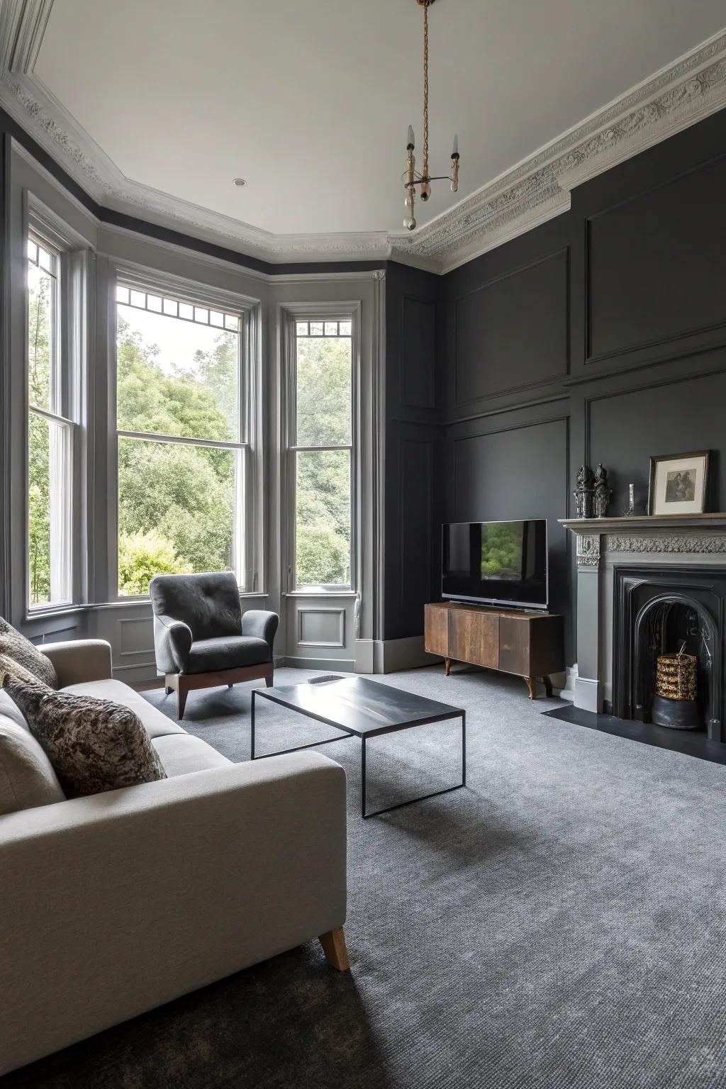 Charcoal walls add drama and depth to spaces with grey carpet.