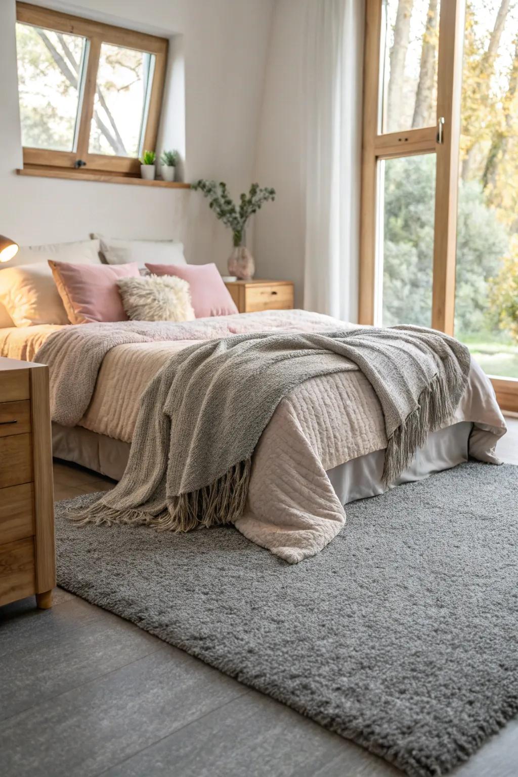Grey carpet makes a calm and inviting setting in this bedroom.