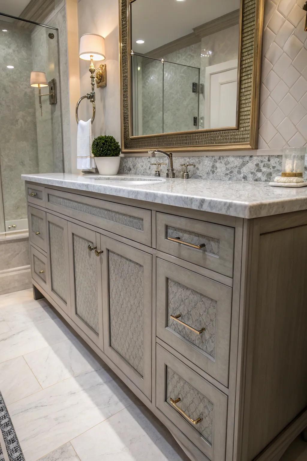 Opposing textures deliver a sophisticated aesthetic in this grey vanity bathroom.