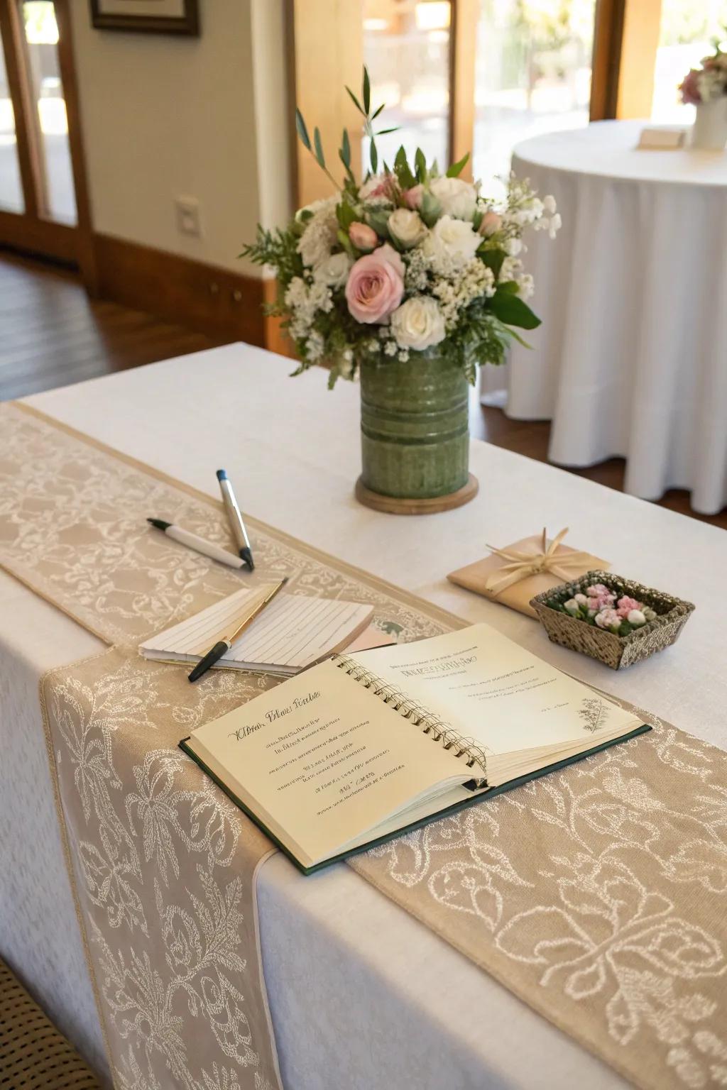 Elegant fabrics enhance the guest book display.