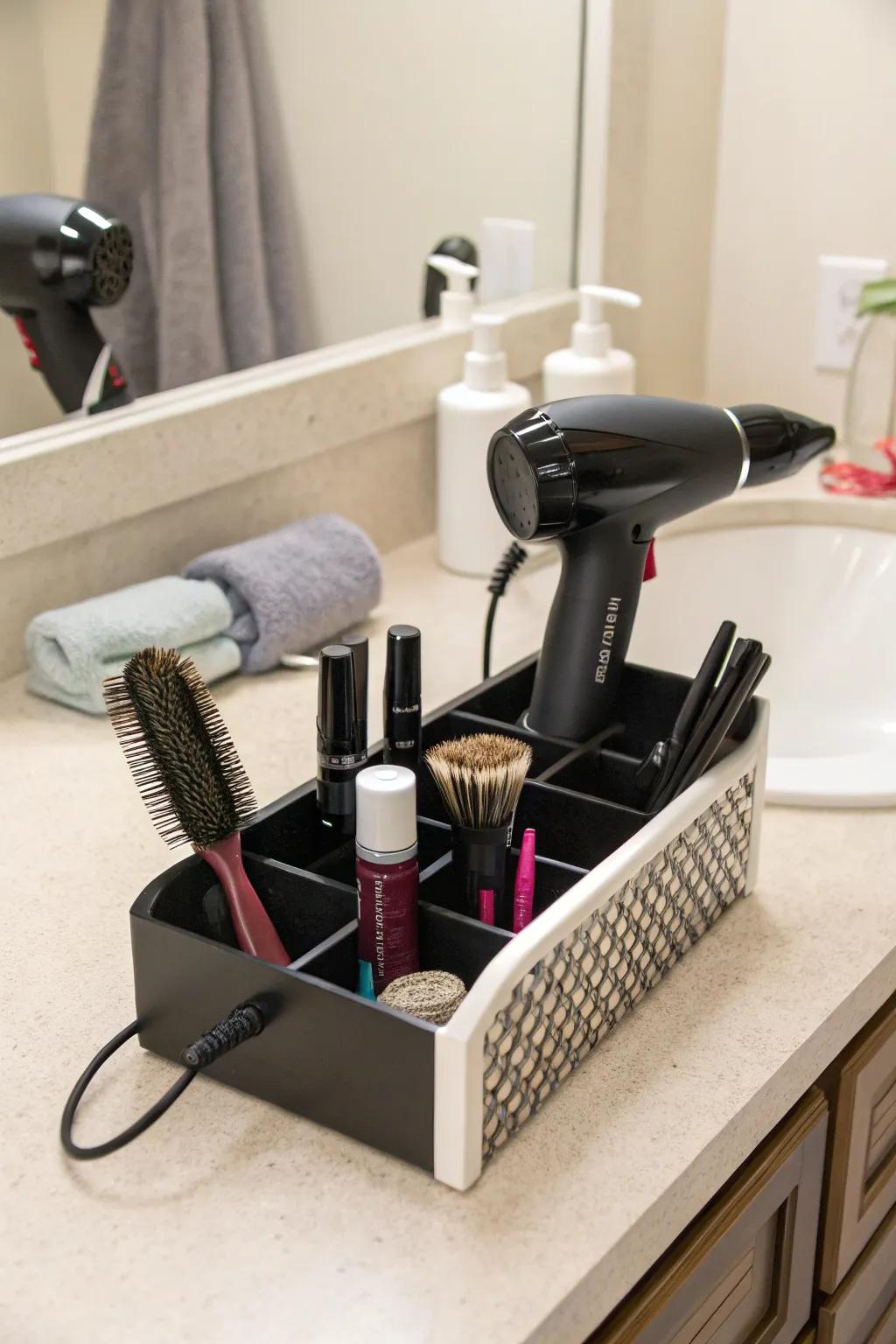Small counter units for organized and accessible styling tools.