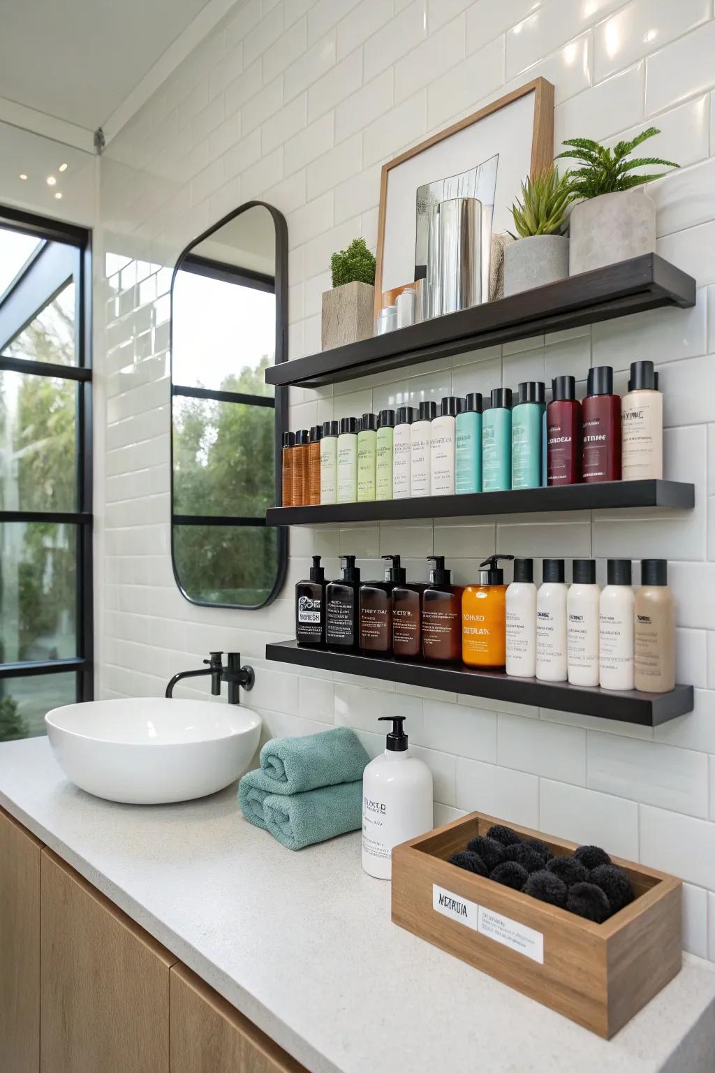 Transforming wall space with elegant shelves for your hair products.