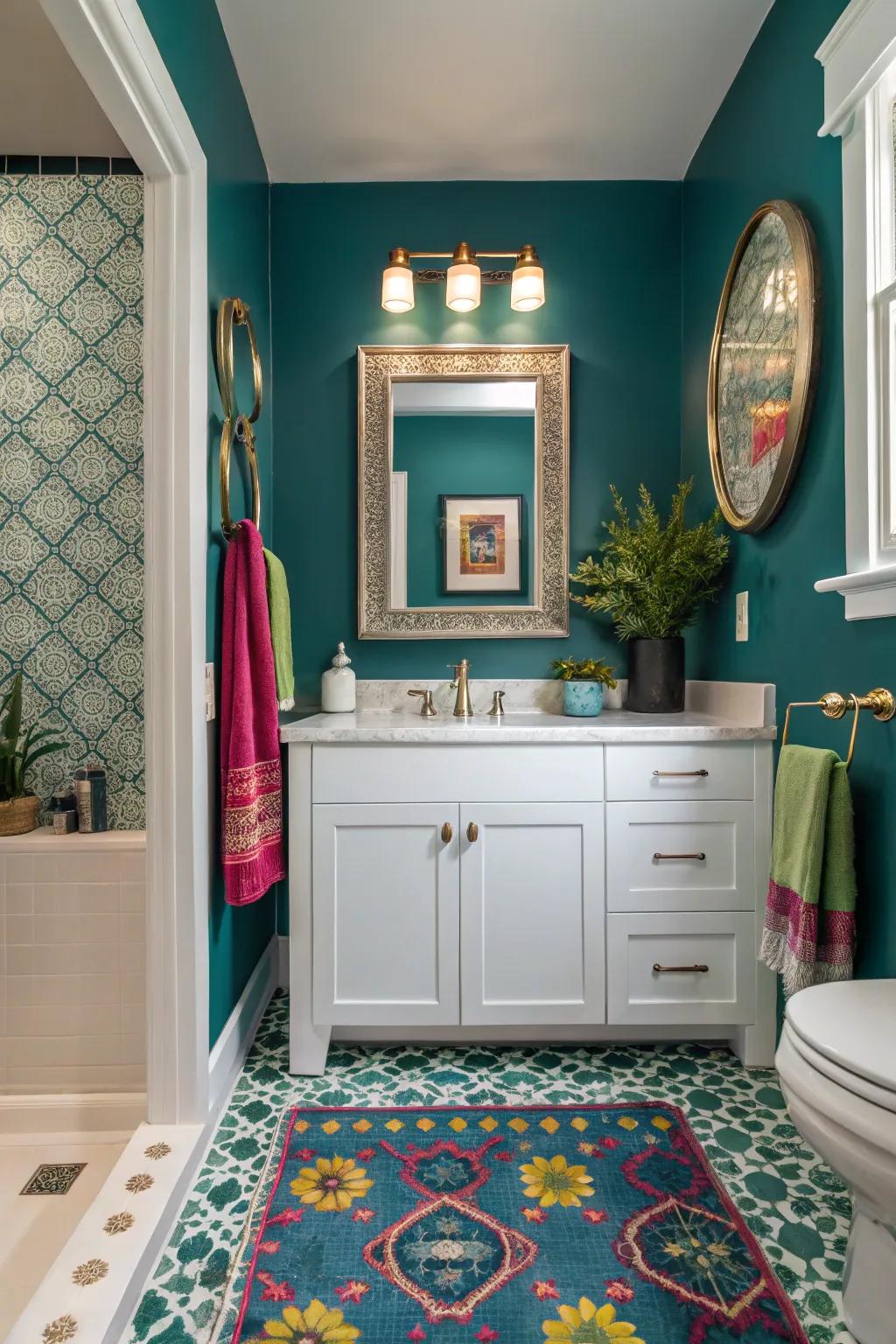 Transform your half bath into a vibrant retreat with a daring color scheme.