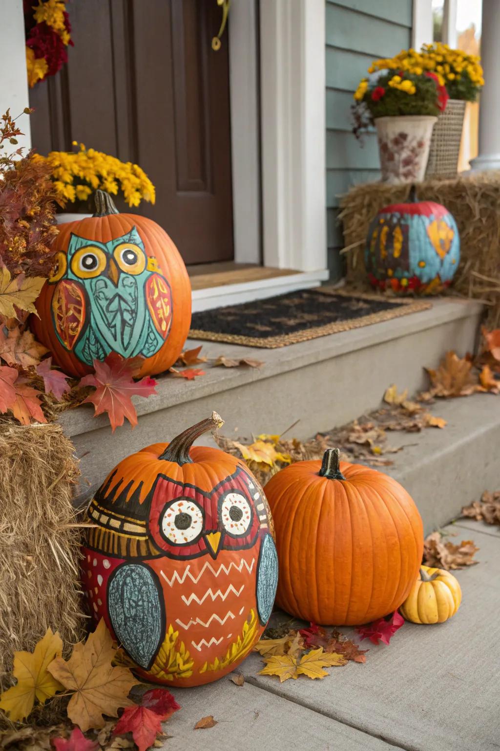 Owl-painted gourds provide a playful feel to autumn d&eacute;cor