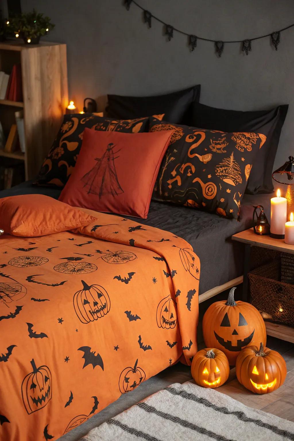 Themed linen instantly transforms your bedroom into a Halloween oasis.