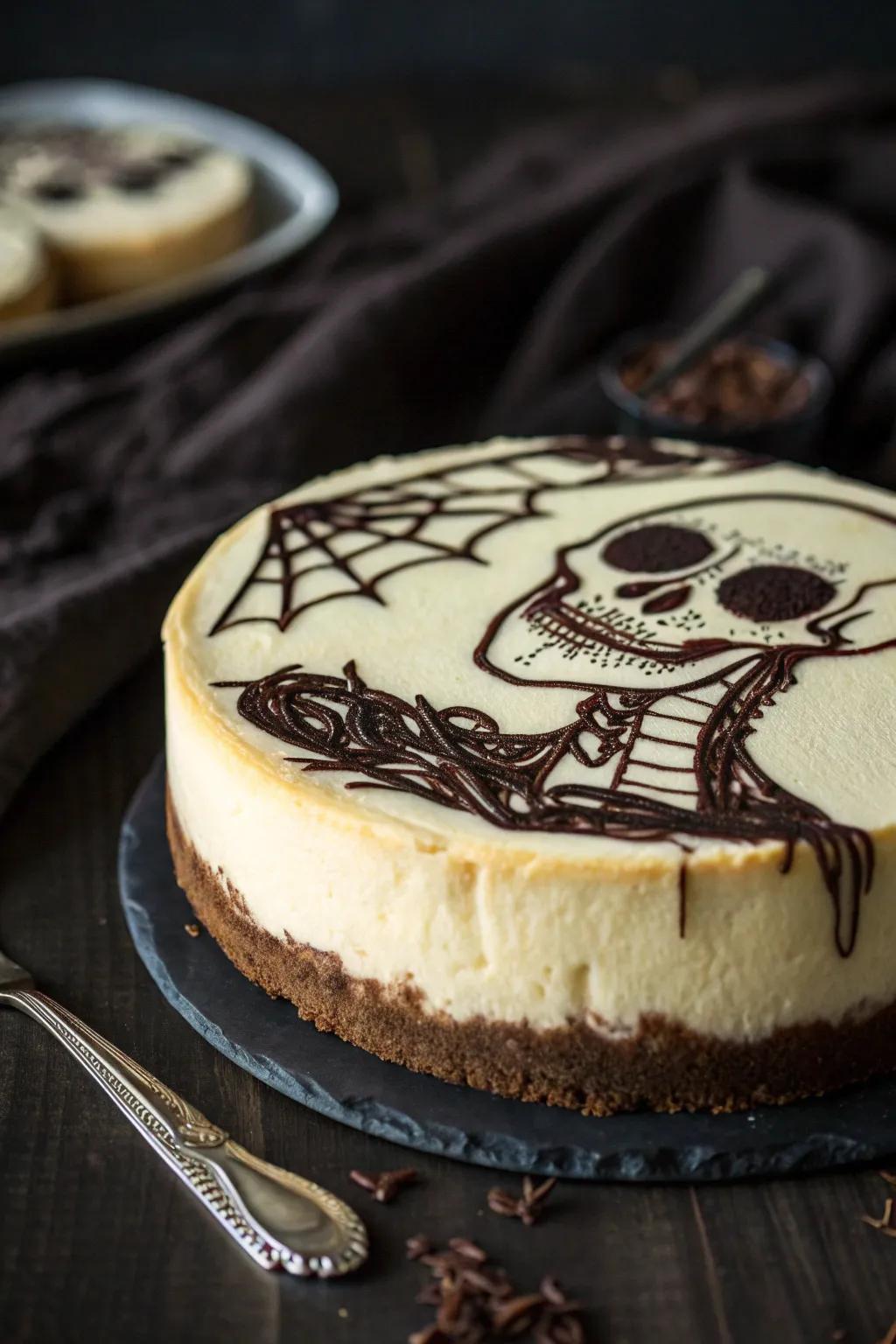 A cheesecake showcasing a spine-chilling bony mug design.