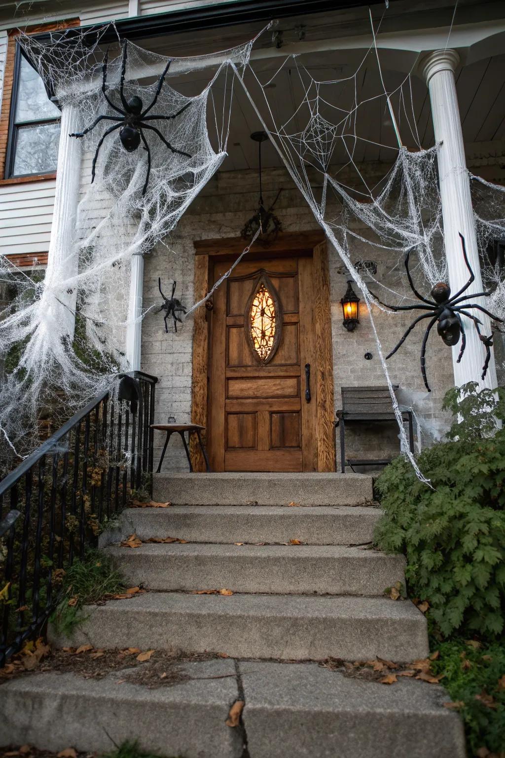Dense silk webs amplify the haunted residence ambiance.