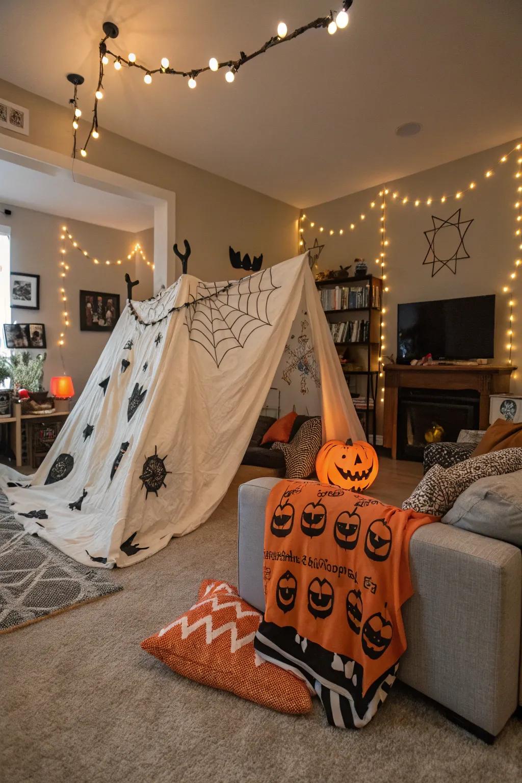 A haunted house blanket fort encourages both coziness and shivers.