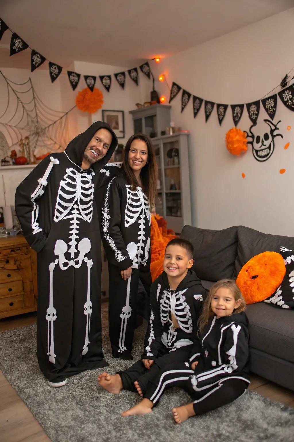 A skeletal family delivers a spooky Halloween scene.