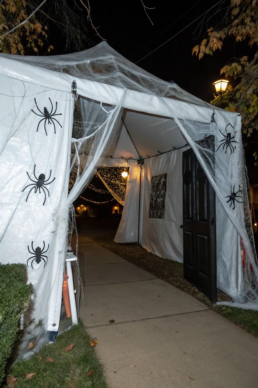 Welcome visitors using a chilling haunted gateway toward your tent.