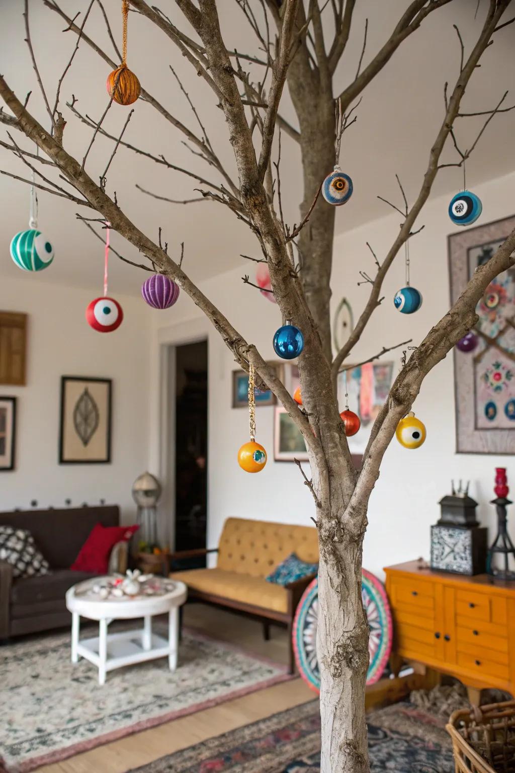 An all-seeing Halloween tree featuring eyeball ornaments.