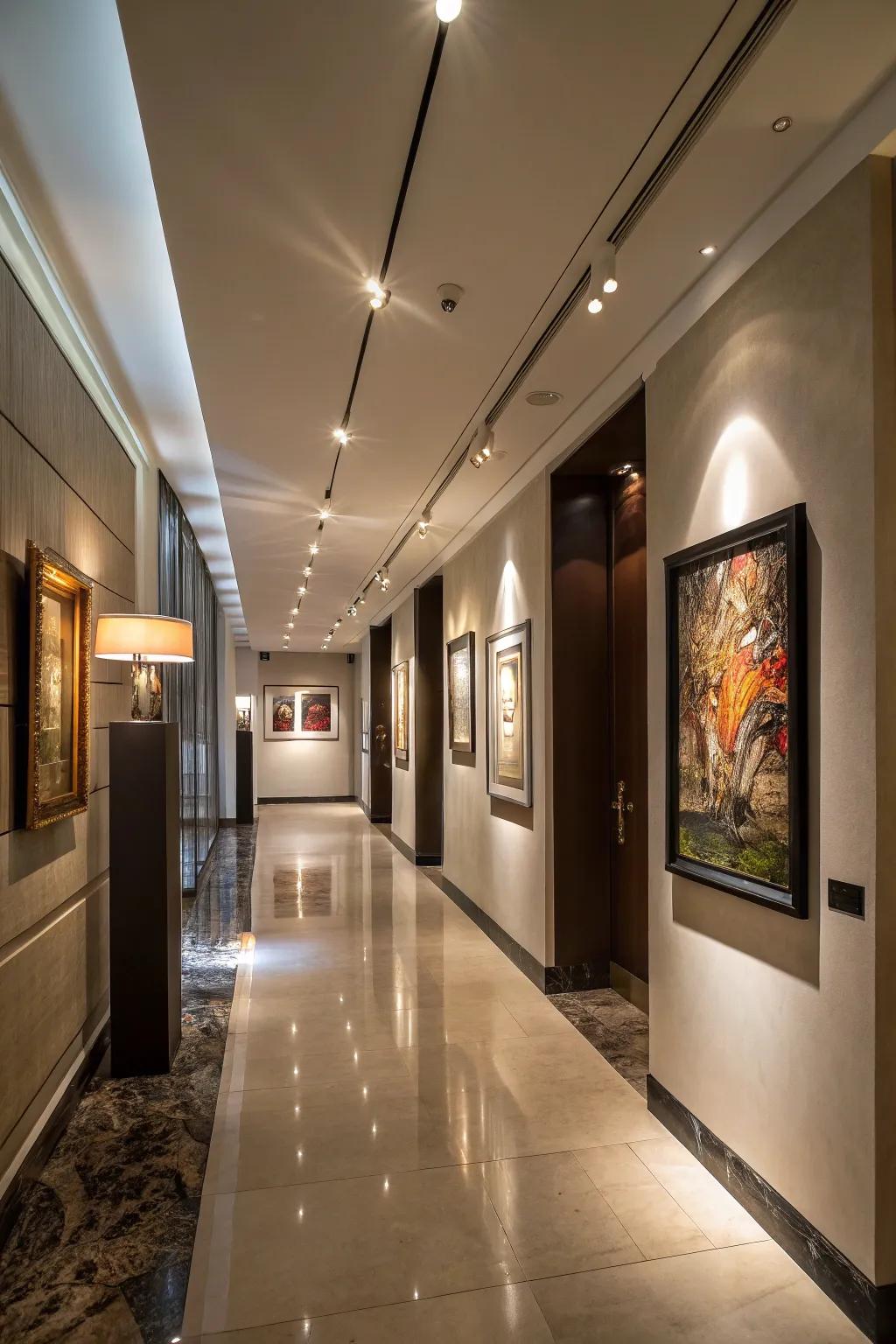 Lighting accentuates the aesthetic appeal of corridor art.