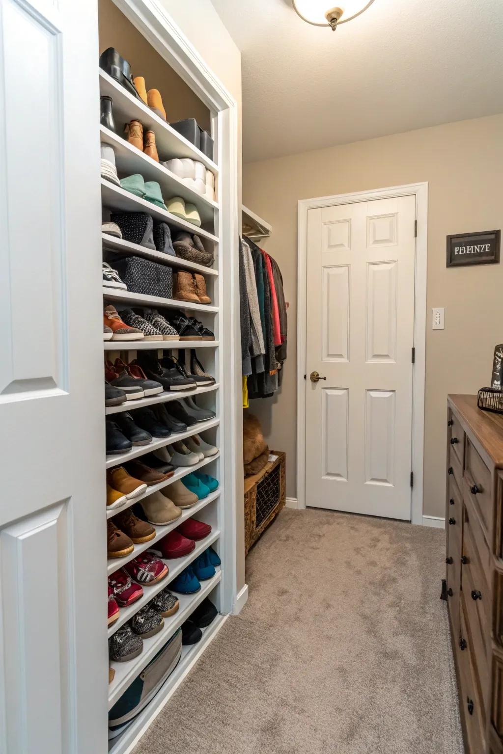 A shoe rack in a hallway closet for ordered and reachable footwear.