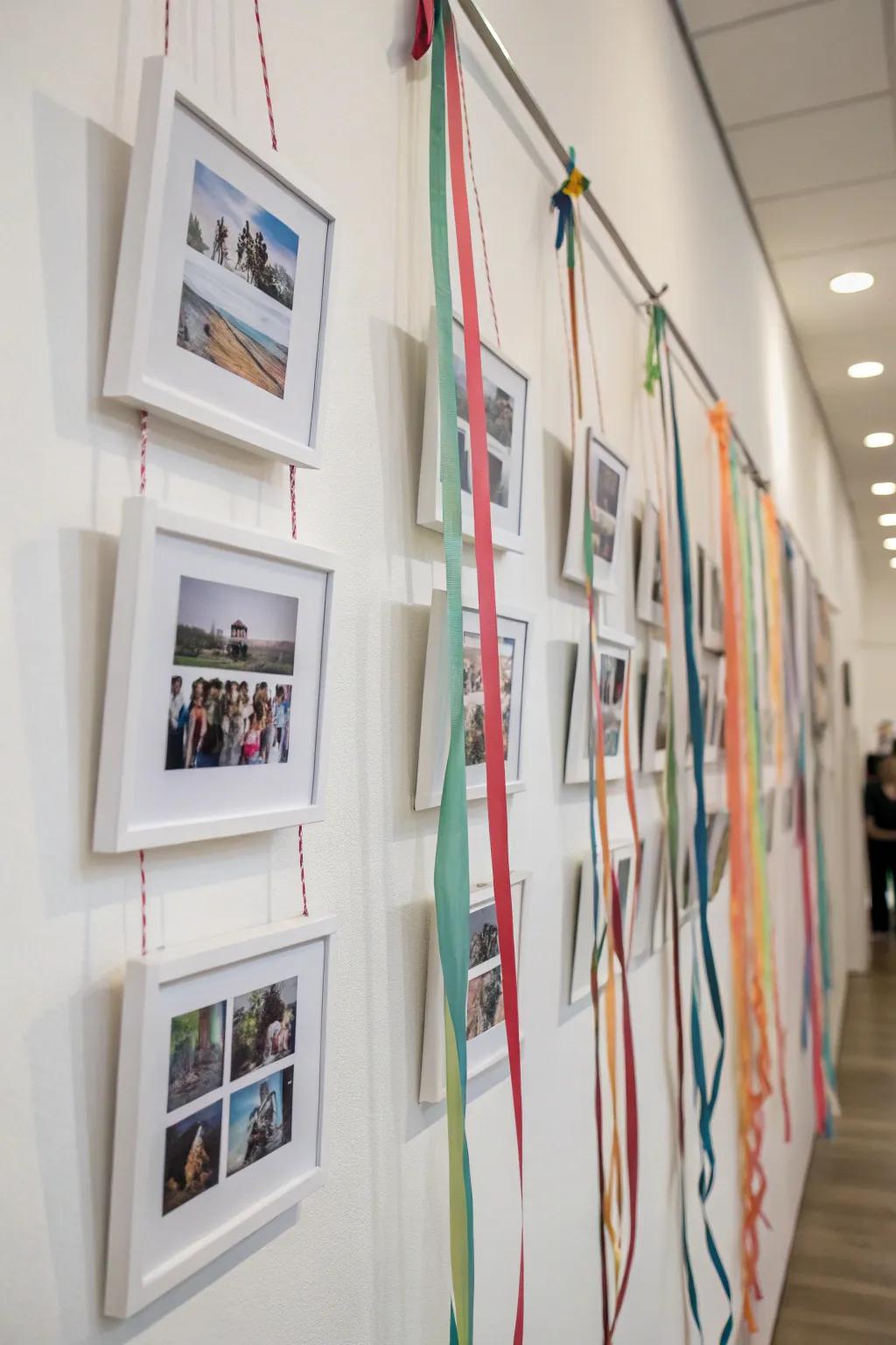 A dynamic photo display made with layered ribbons of differing lengths.