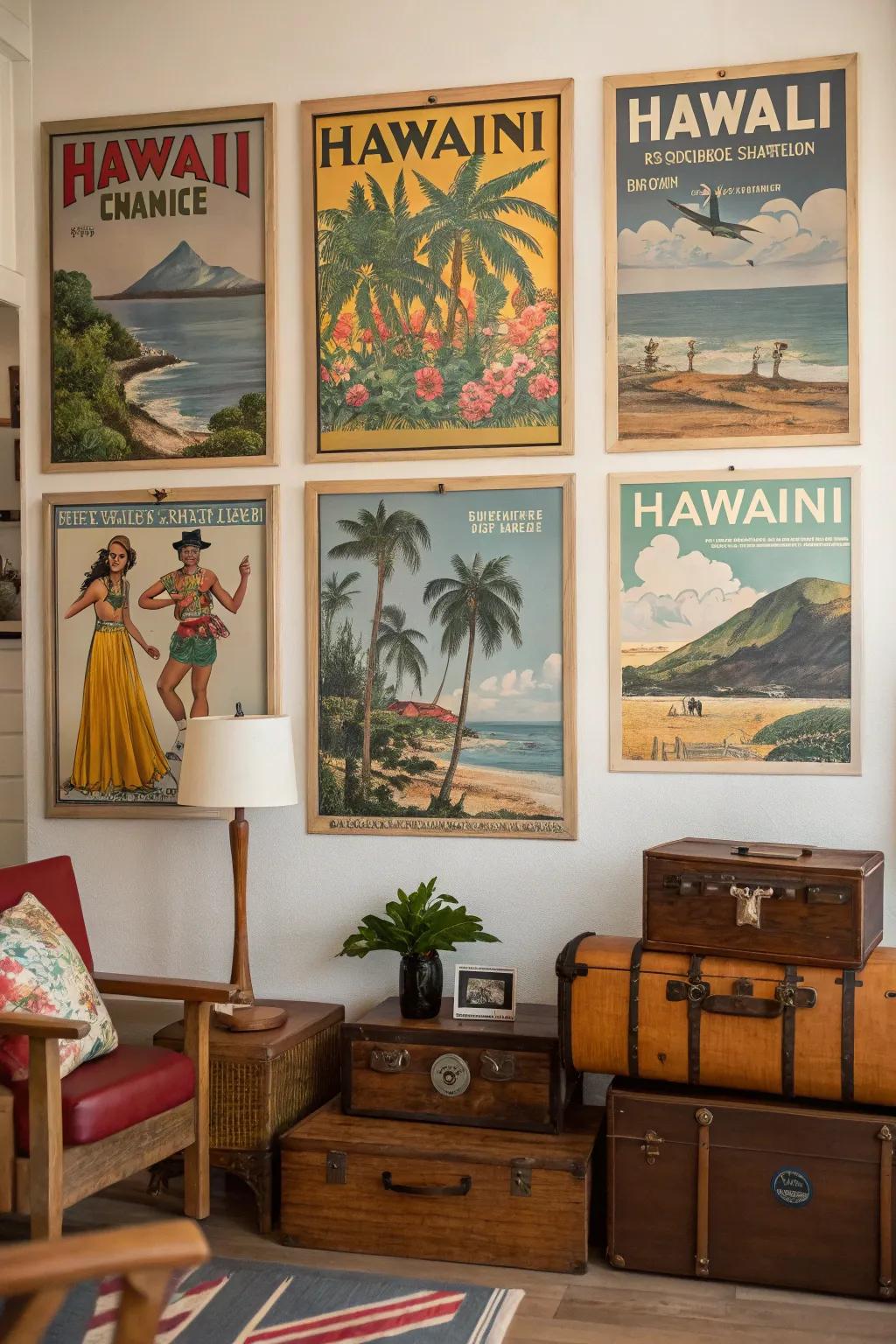 Vintage Hawaiian travel posters that are set up in a retro-themed room.