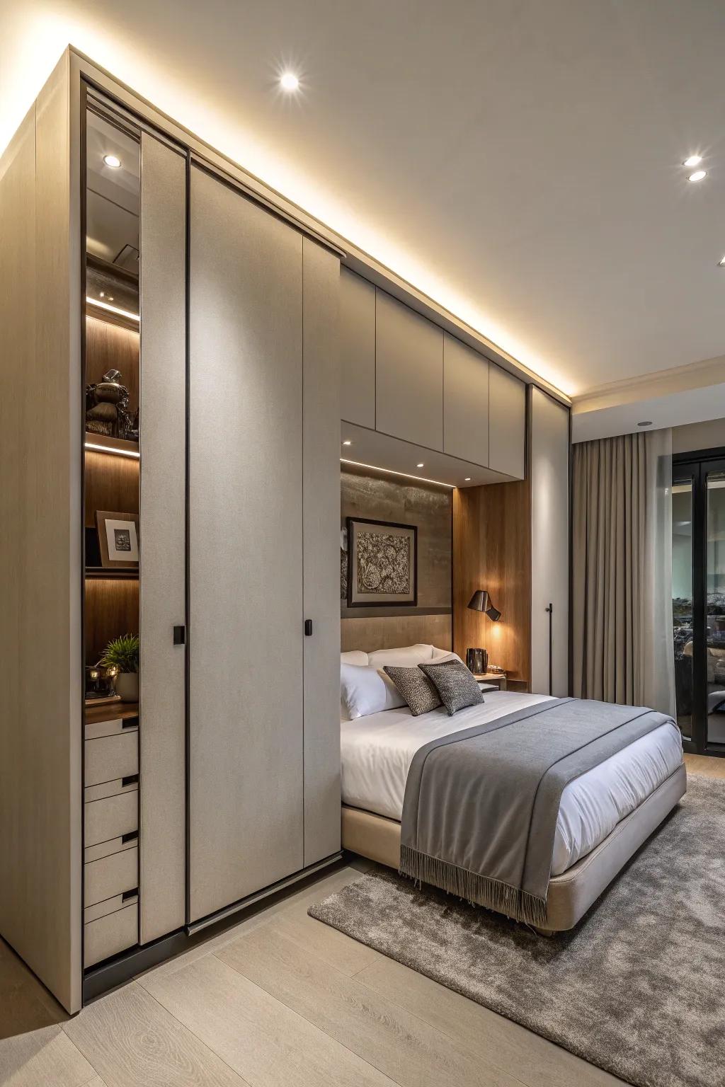 Sleek storage unit concealing a hidden bed