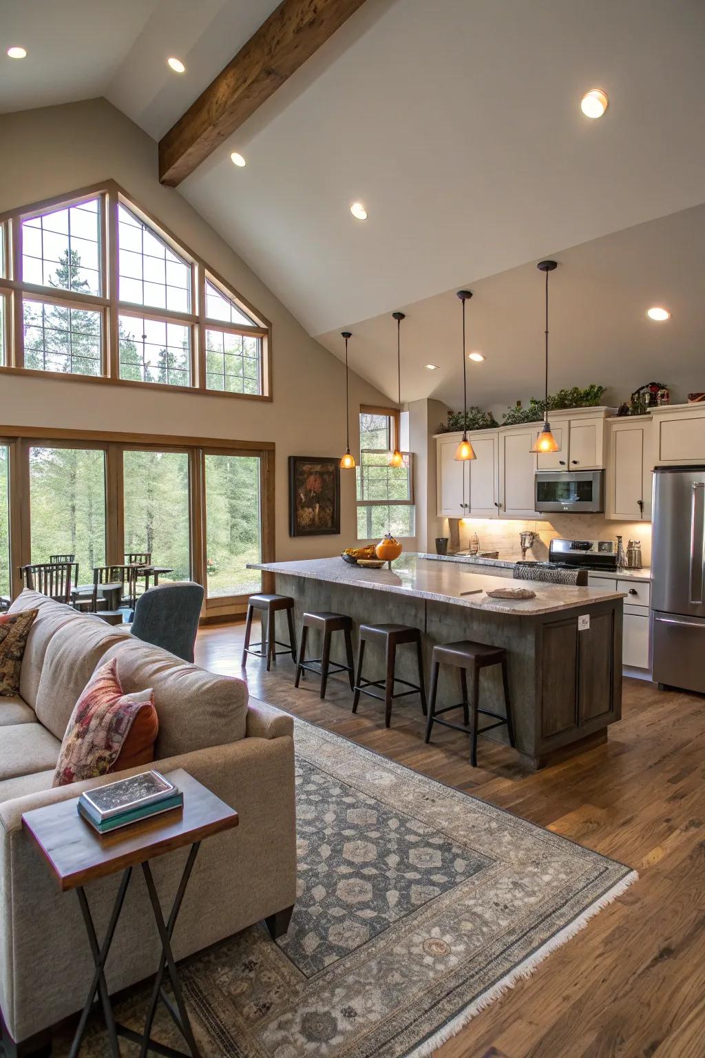 A kitchen effortlessly merges with the living area for a unified open-plan space.