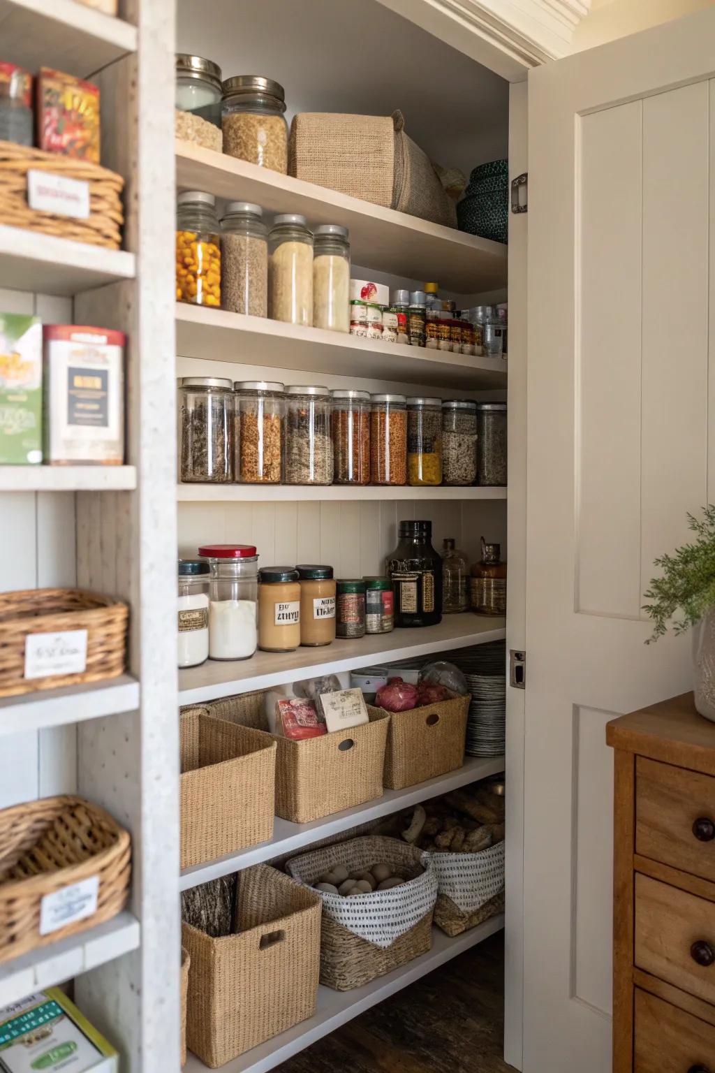 Exposed shelving inside a hidden pantry for efficient organization.