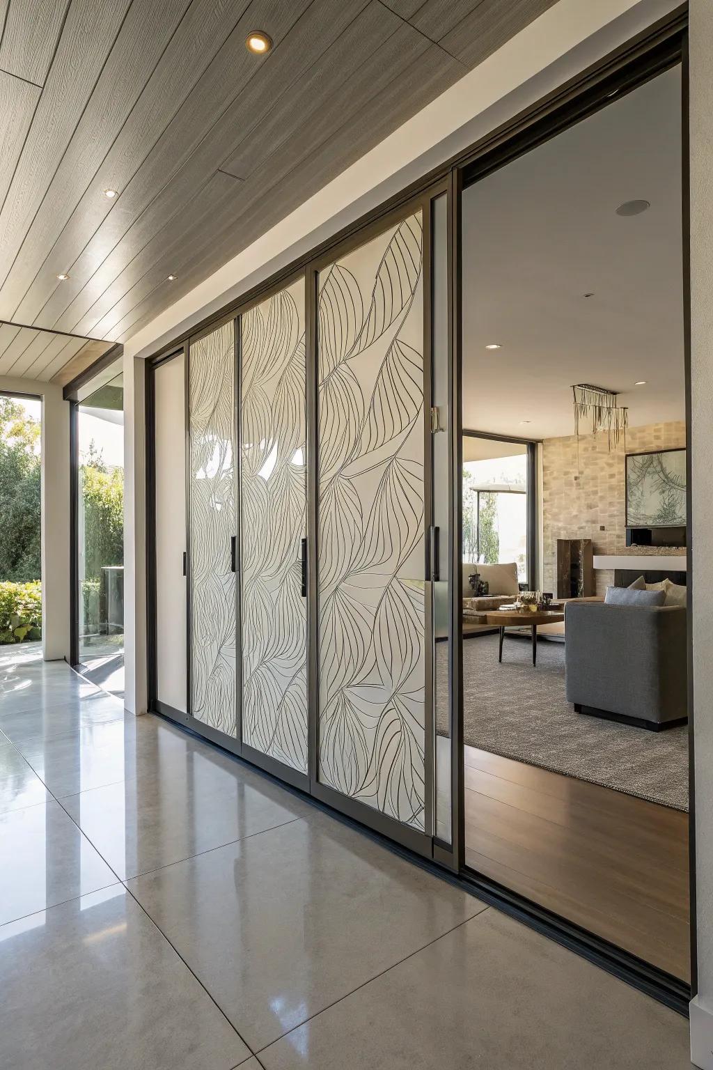 Textural surface panels enhance character and depth on hidden sliding doors.