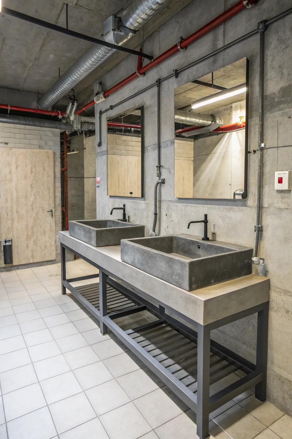 An industrial-style bathroom with robust design components.