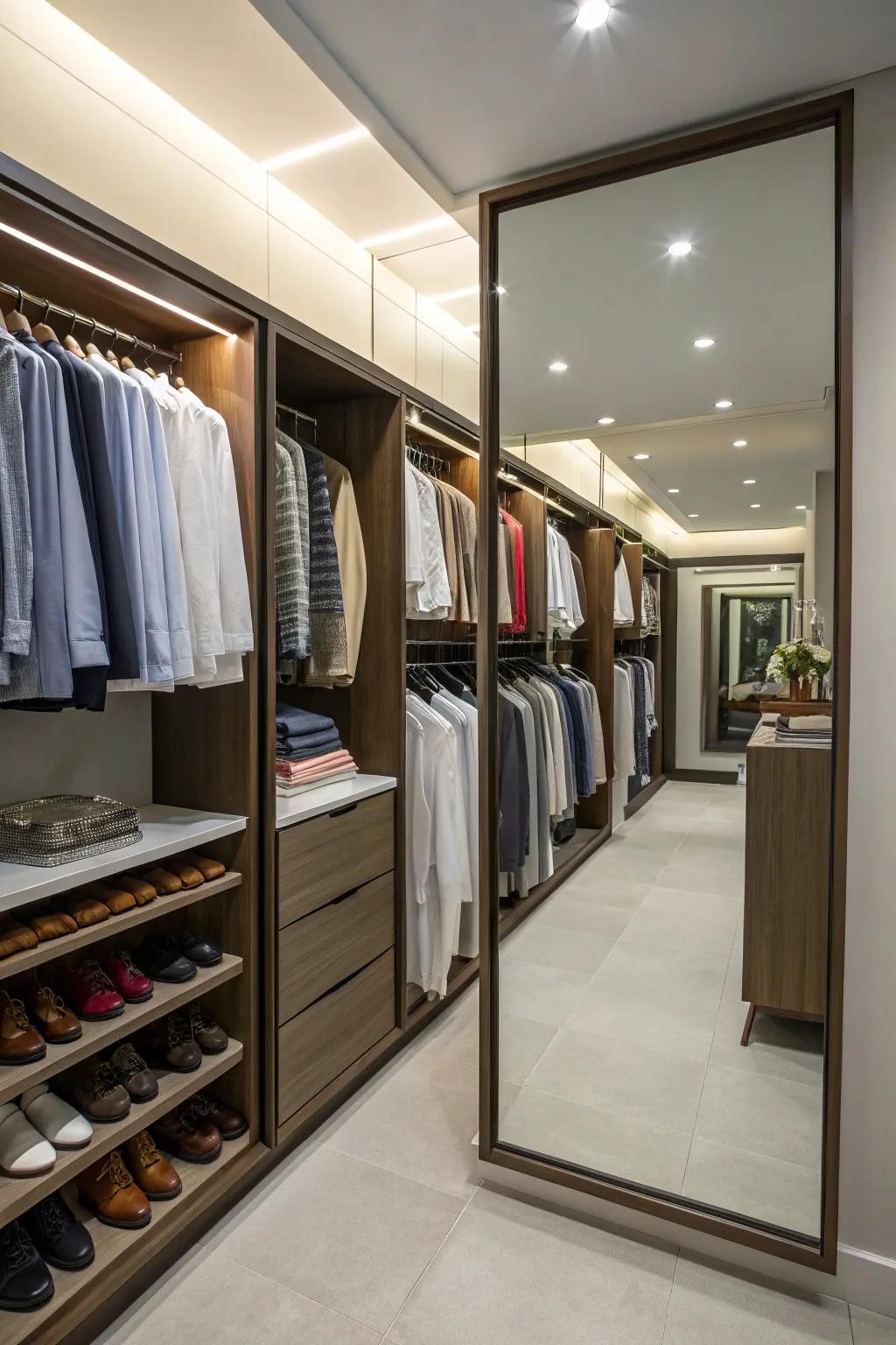 A full-length mirror enhances the closet's space and usefulness.