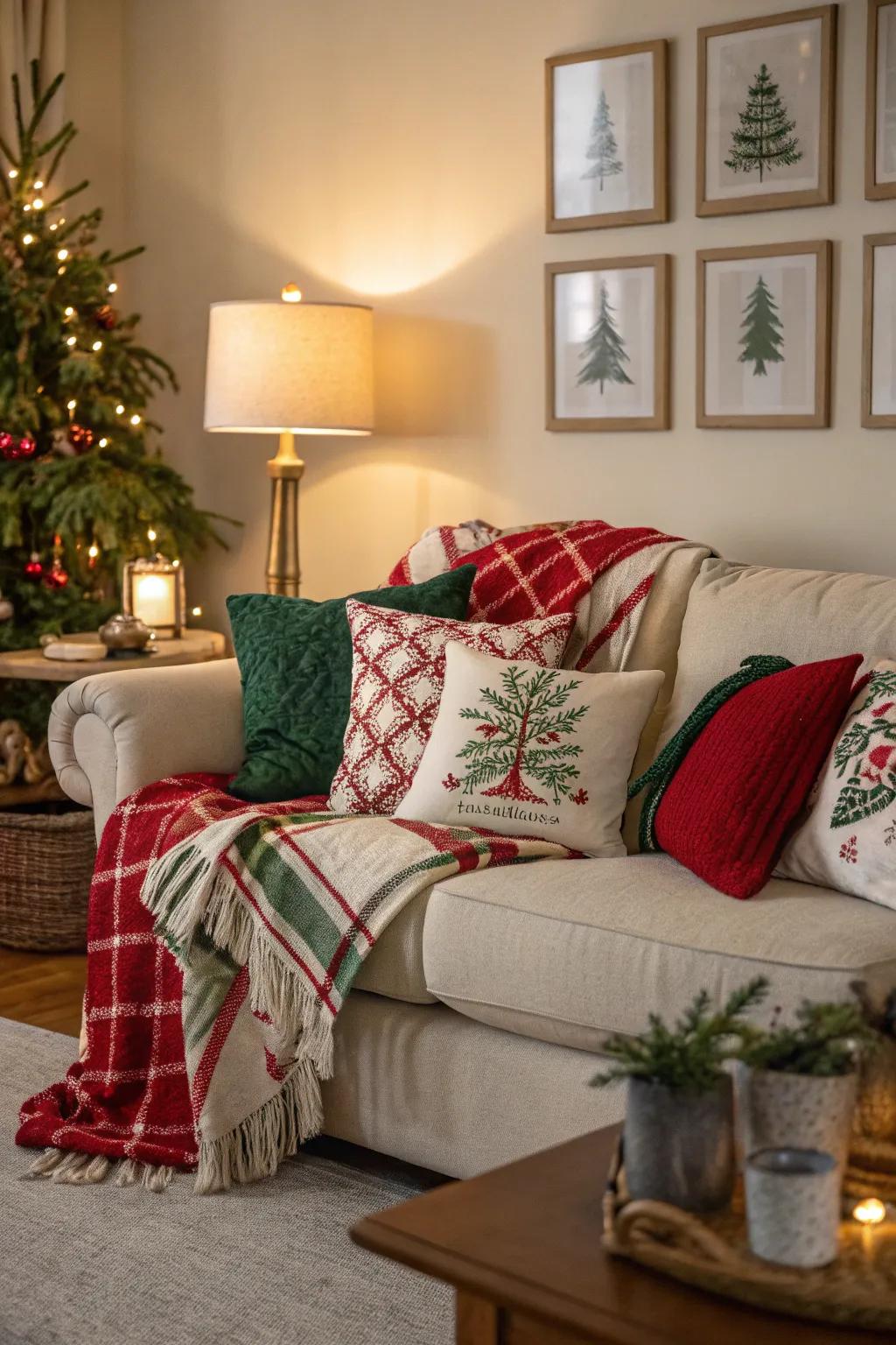 A comfortable living room infused with holiday spirit through decorative textiles and throws.