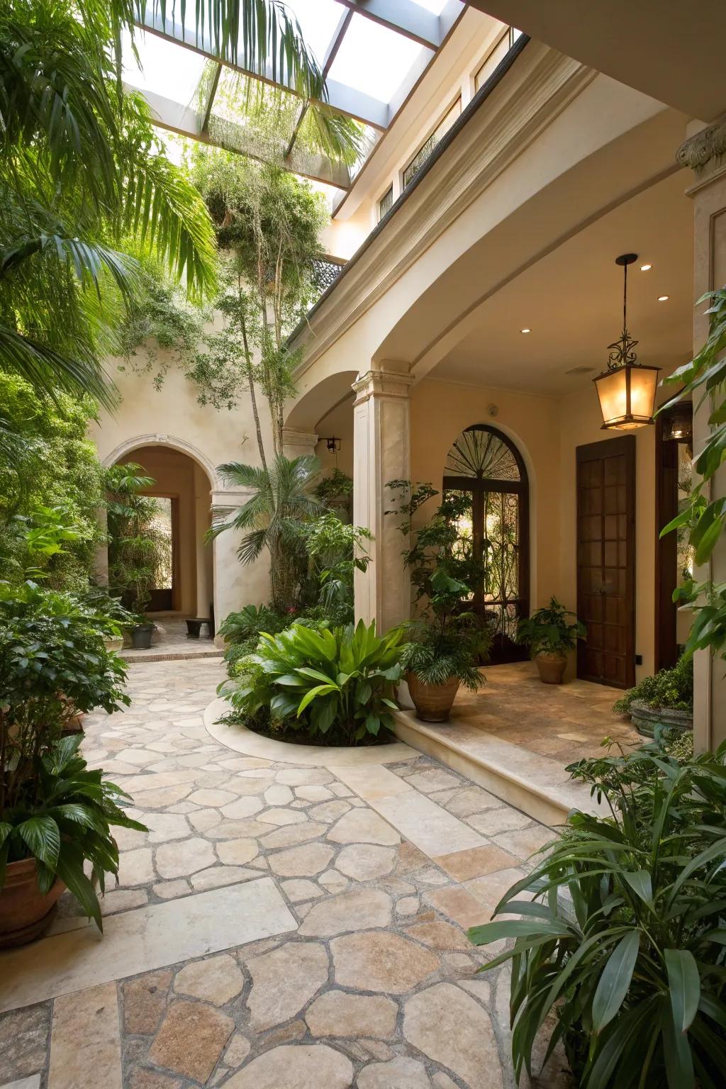 Stone flooring in an atrium, blending indoor comfort with outdoor aesthetics.