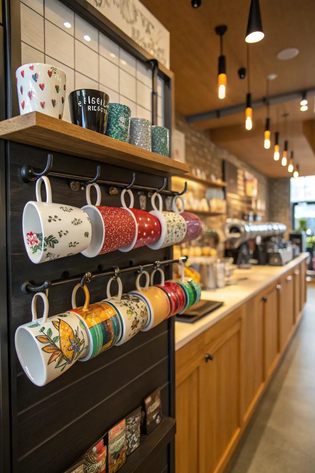 A mug display brings character and charm to your coffee station.