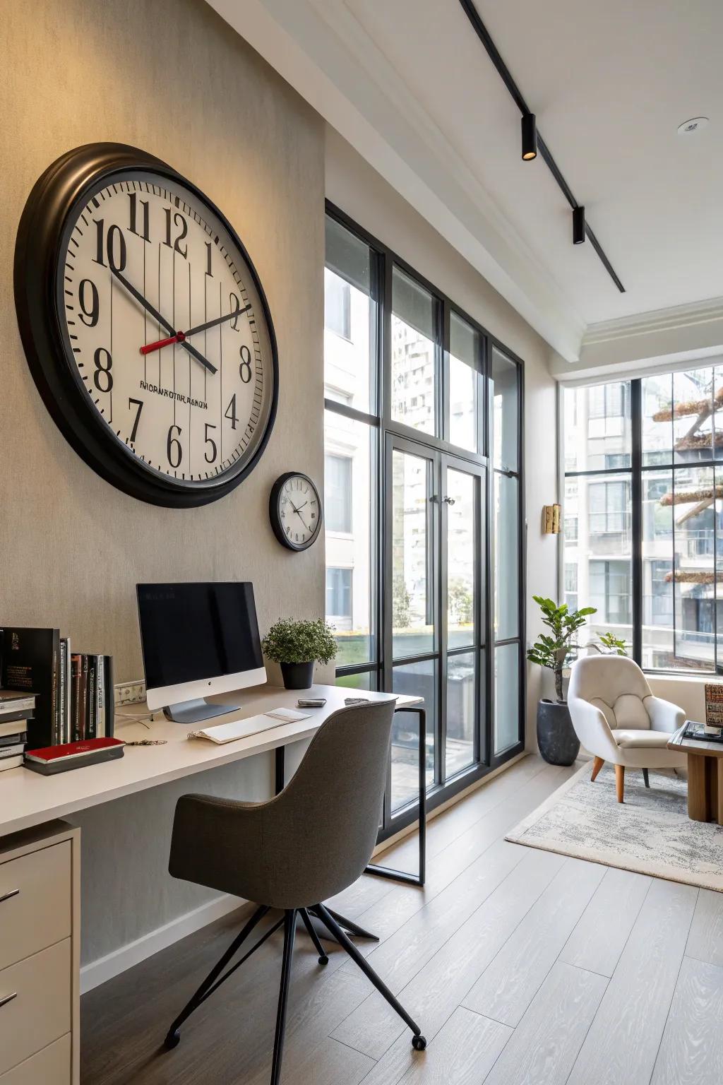 A contemporary wall clock enhancing the modern style of a home office.