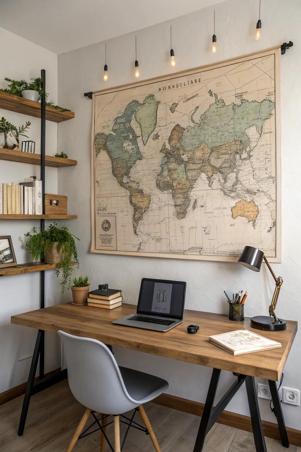 Maps and wall art create a strong visual focus.