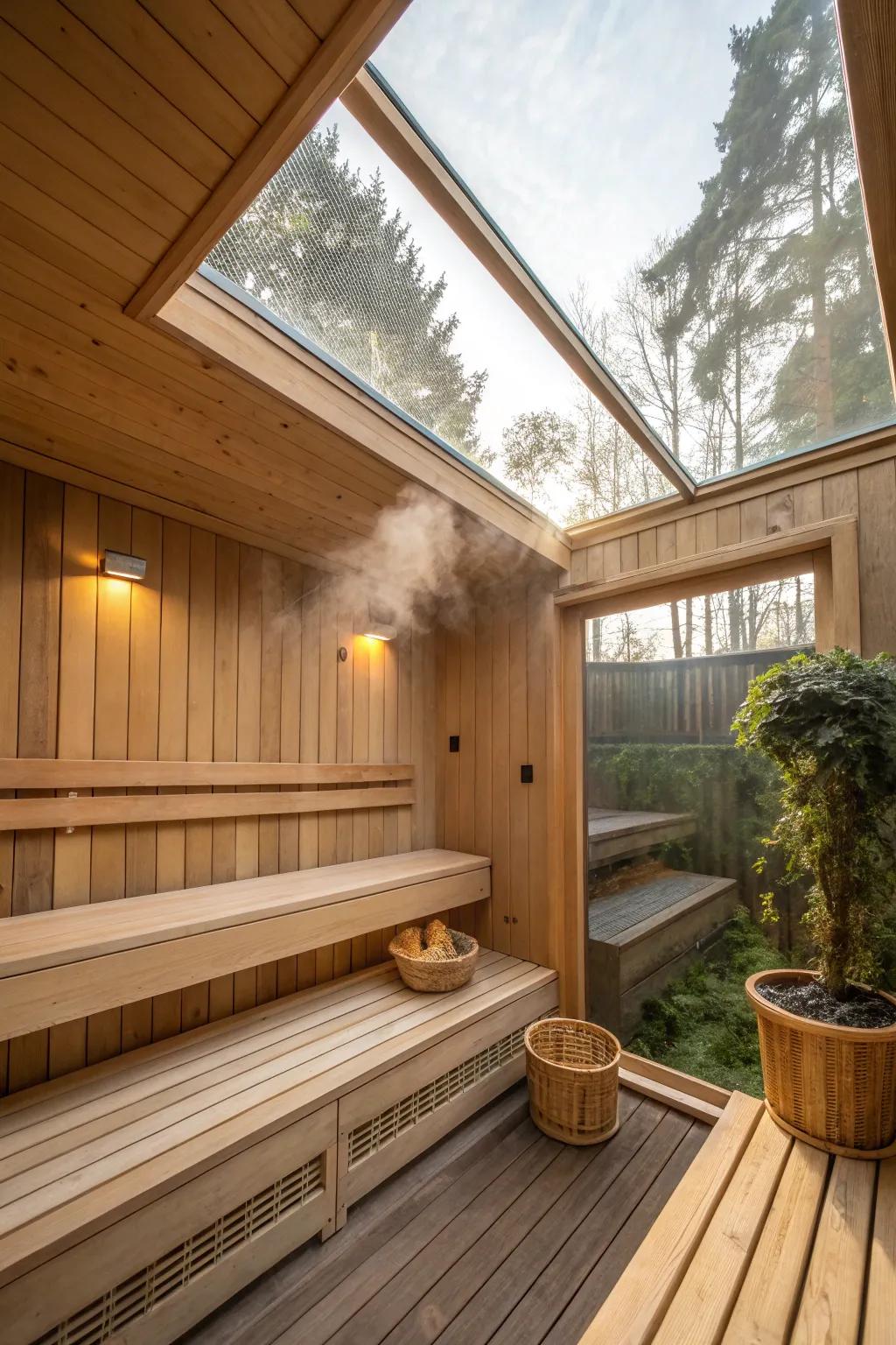 This home sauna boasts natural light, enhancing its peaceful atmosphere.