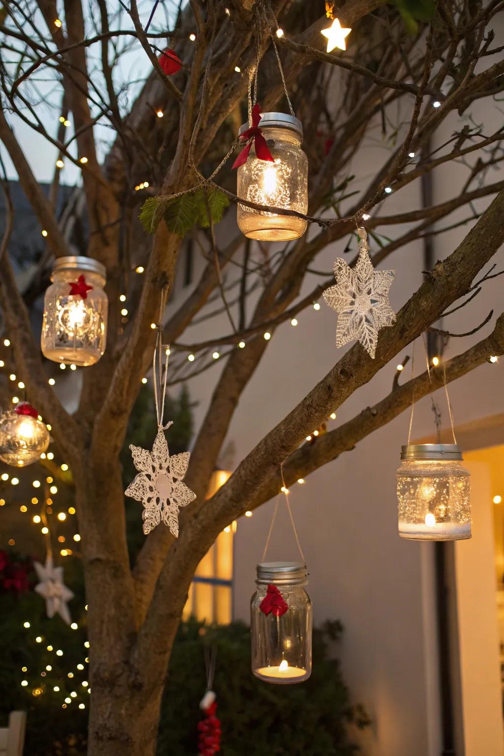 Starlight pot lid hangers casting a warm glow on the Christmas tree.