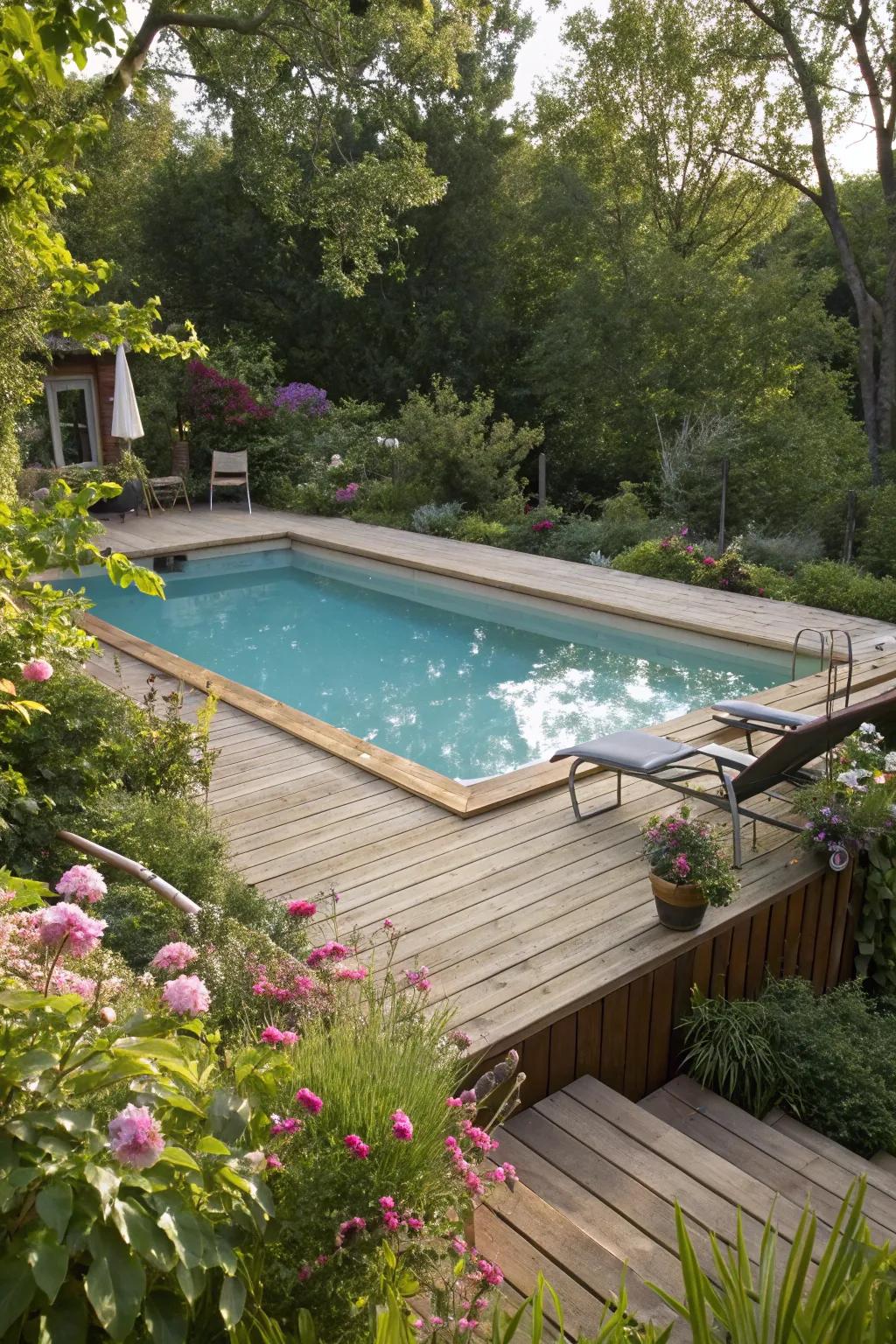An above-ground pool beautifully incorporated into the backyard setting.