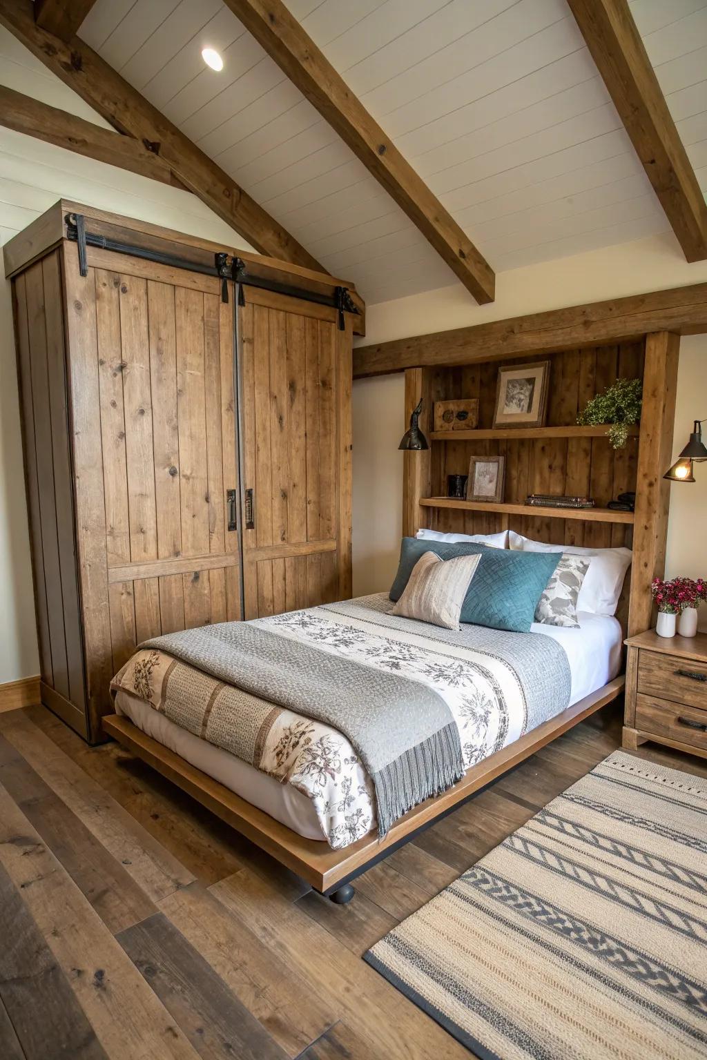 Natural charm within a modern setting using a wood wall bed, injecting character into the room.