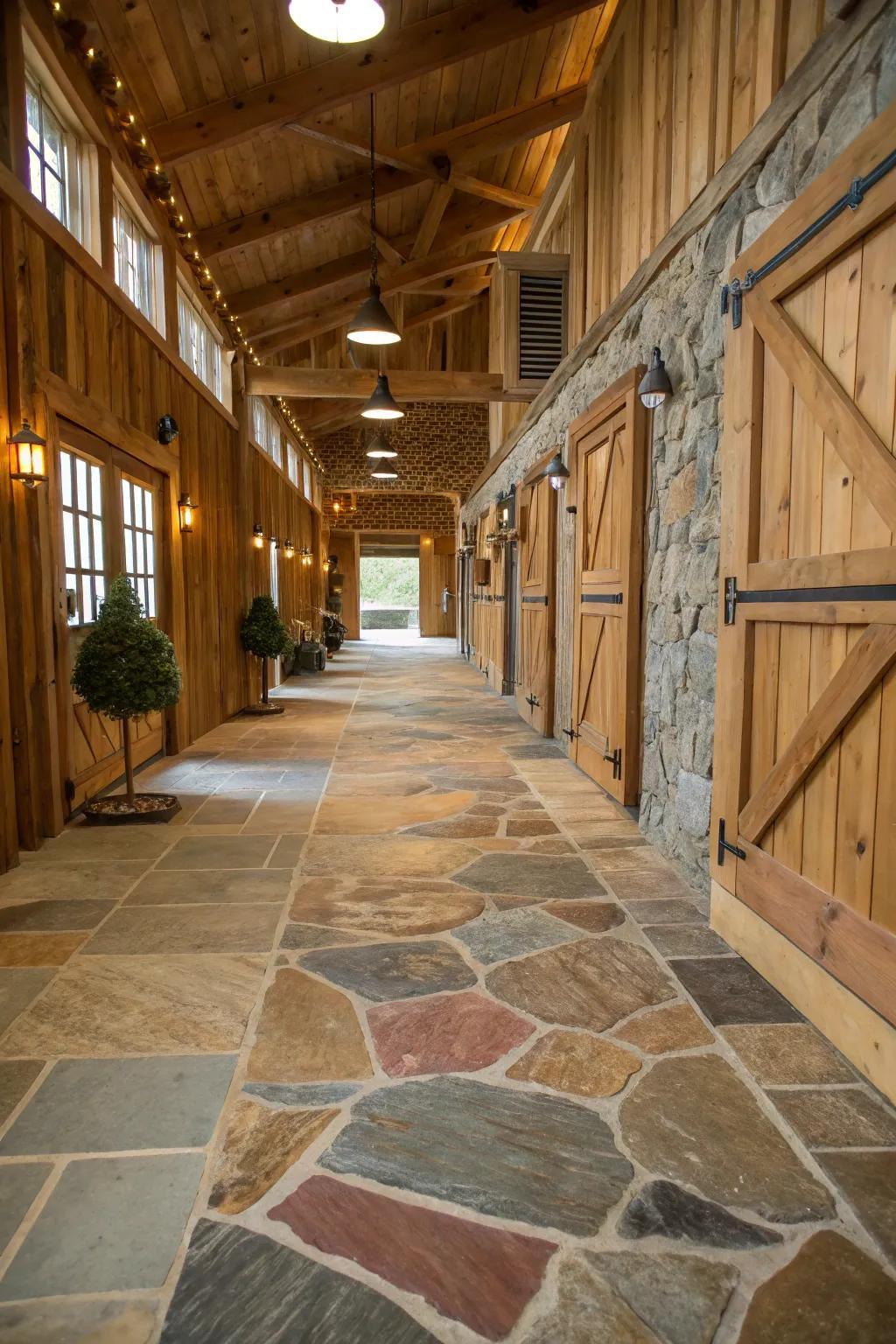 Natural stone adds a timeless and sophisticated feel to barn passageways.