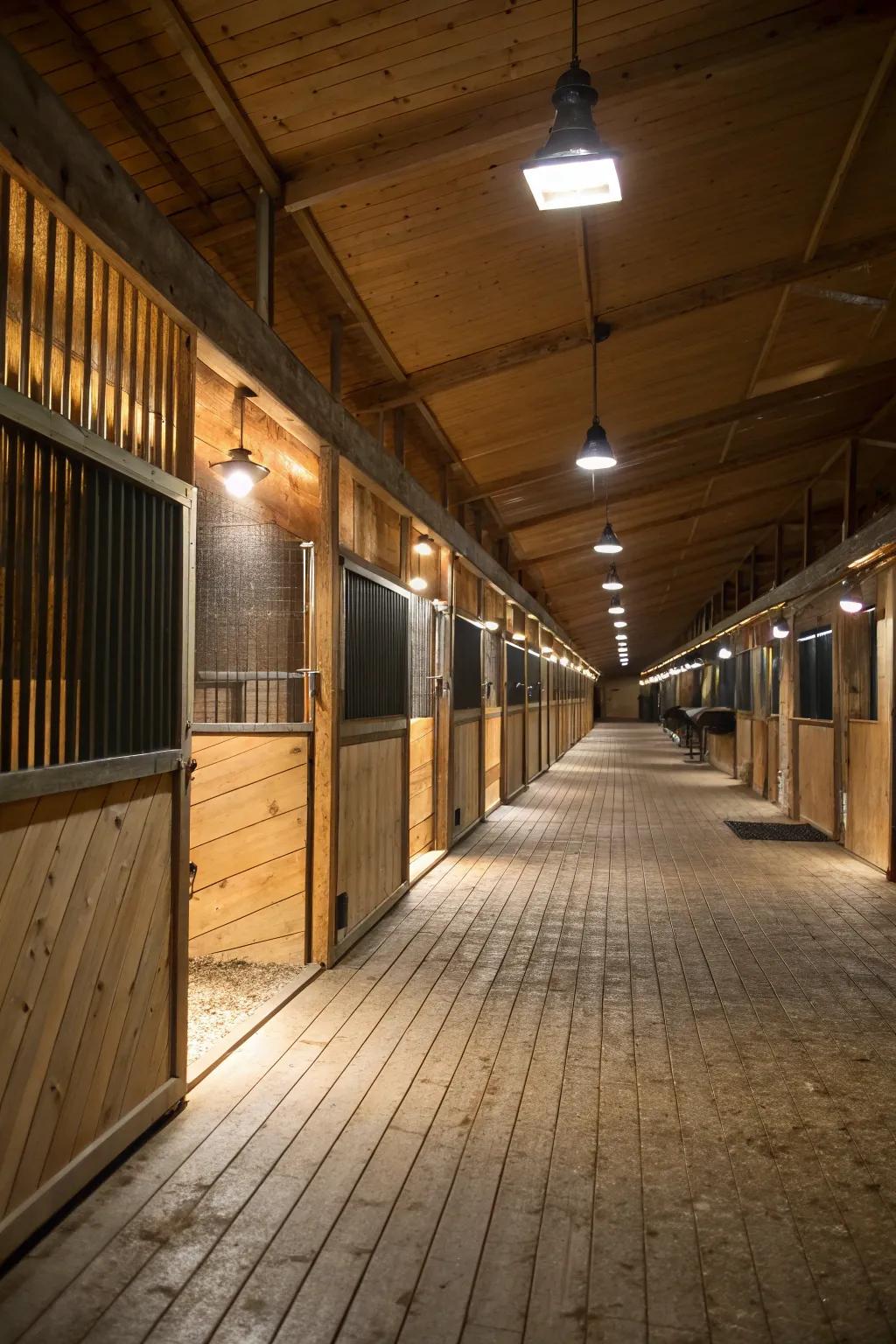 Recessed and track lights provide functional lighting in barn aisles.