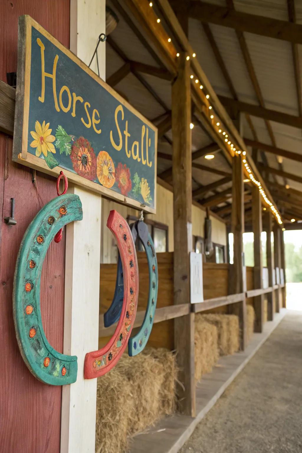 Playful adorned horseshoes on a stable marker.